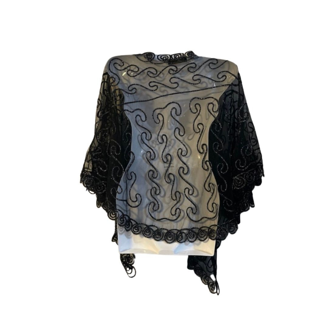 Black Sheer Embroidered Mesh Open Front Cardigan SZ M Batwings Witchy Whimsigoth
