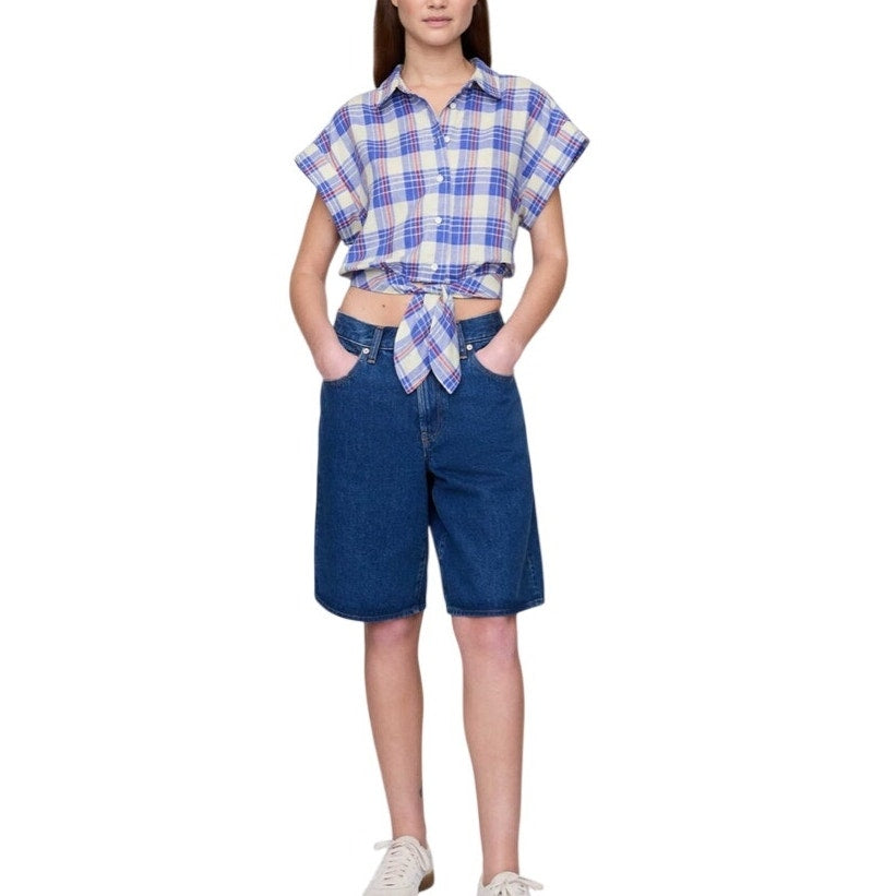Gap Linen Blend Tie Front Cropped Boxy Fit Plaid Button up Shirt Size Large NWT