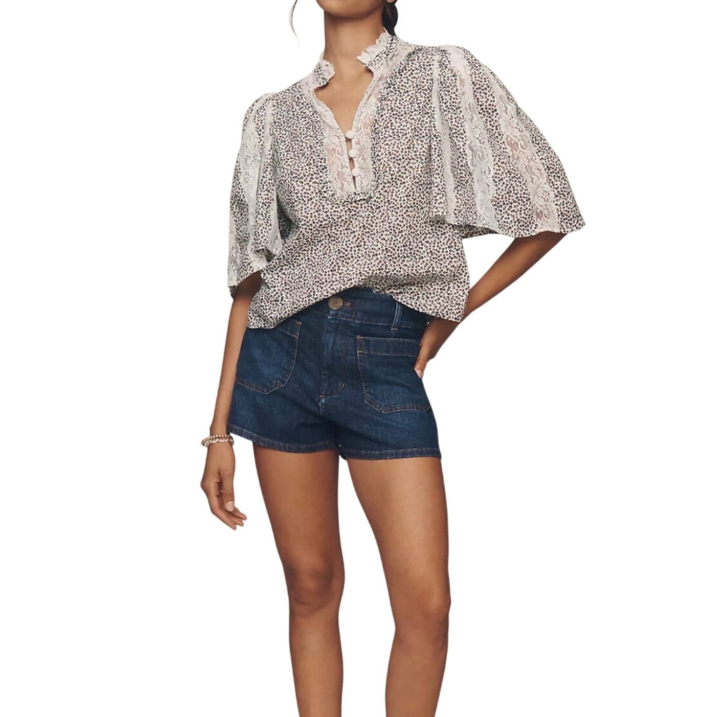 By Anthropologie Cape Sleeve Lace Trim Blouse SZ Large Peasant Boho Cottage NWT