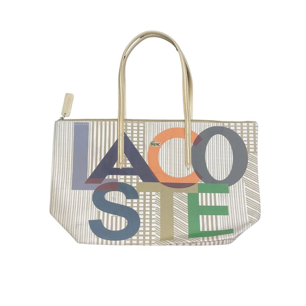 Lacoste Rainbow Large Shopping Zipper Tote Bag Coated Canvas Carry All Handbag