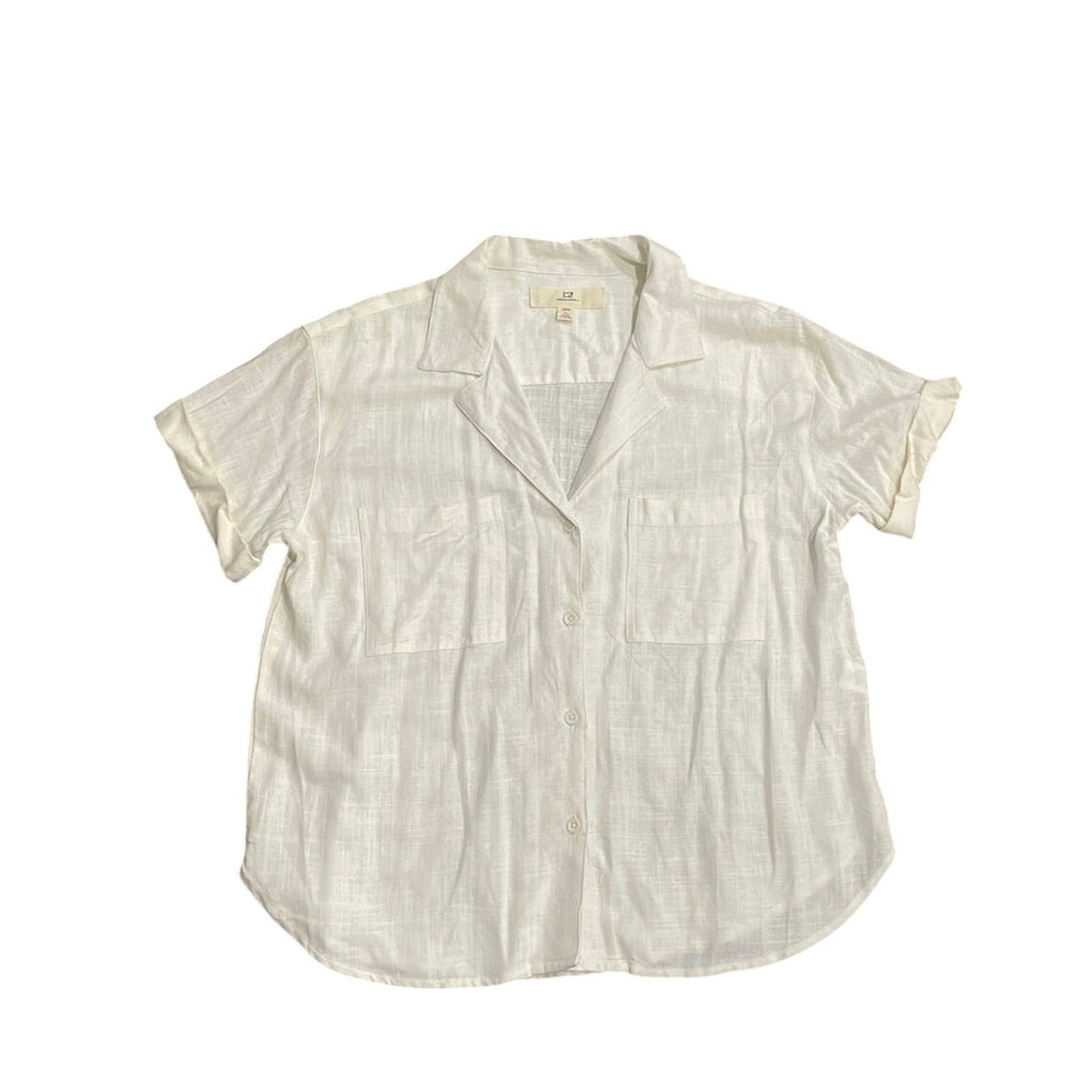 Thread & Supply Short Sleeve Linen Blend Button Up Shirt SZ Large Boxy Campshirt
