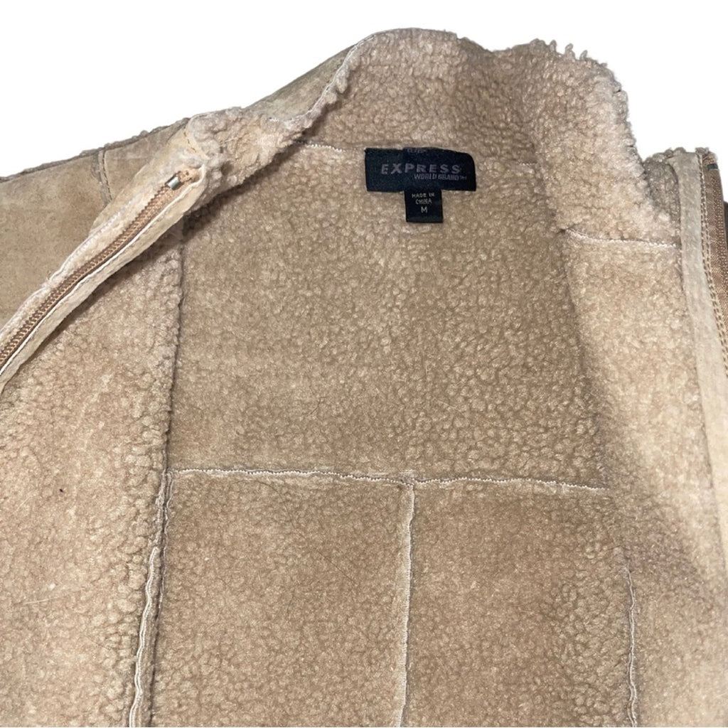 Express Genuine Suede Leather Sleeveless Full Zip Vest SZ M Sherpa Lined Vintage