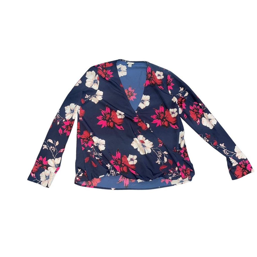 A New Day Floral Long Sleeve Faux Wrap Blouse Size Medium Career Office Casual