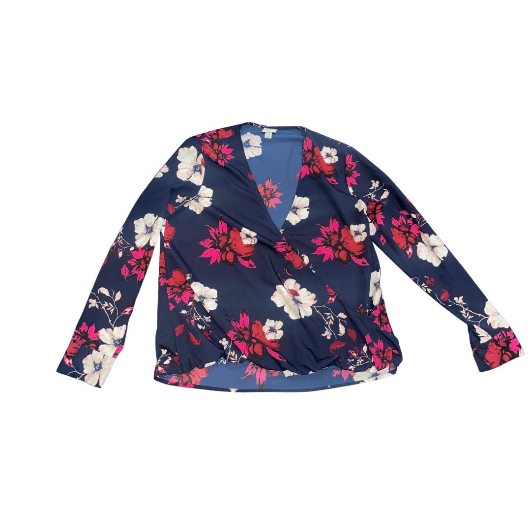 A New Day Floral Long Sleeve Faux Wrap Blouse Size Medium Career Office Casual