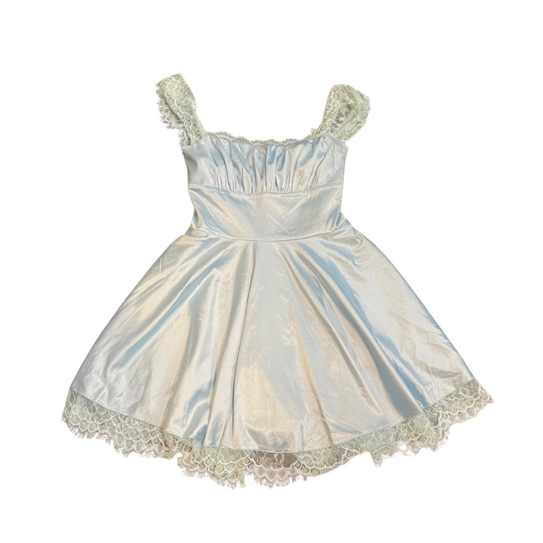 Blue Satin Faux Silk Lace Trim Mini Slip Dress Coquette Fairycore Whimsigoth Y2K