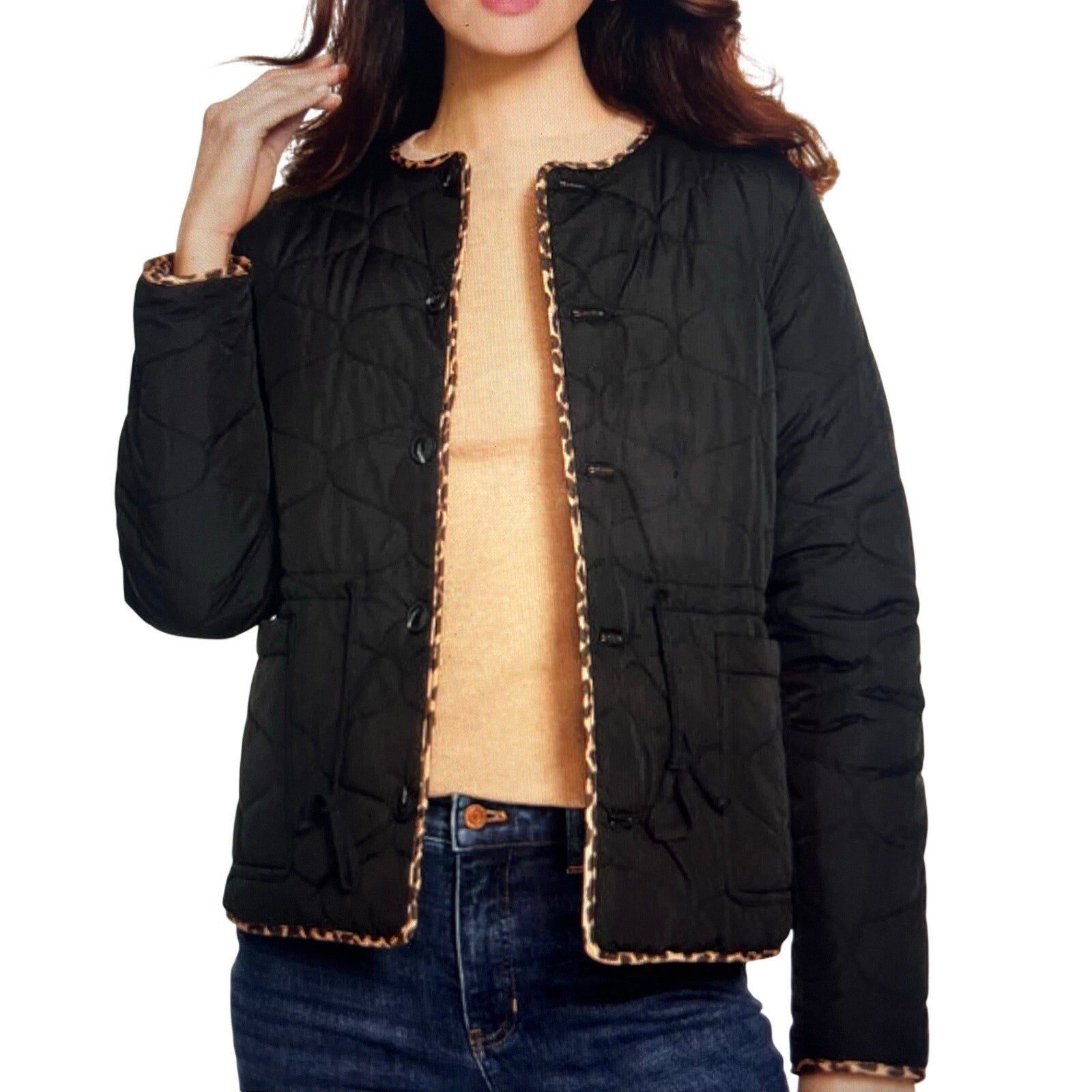 Talbots Quilted Reversible Button Jacket Allover Animal Size Large Chic NWT