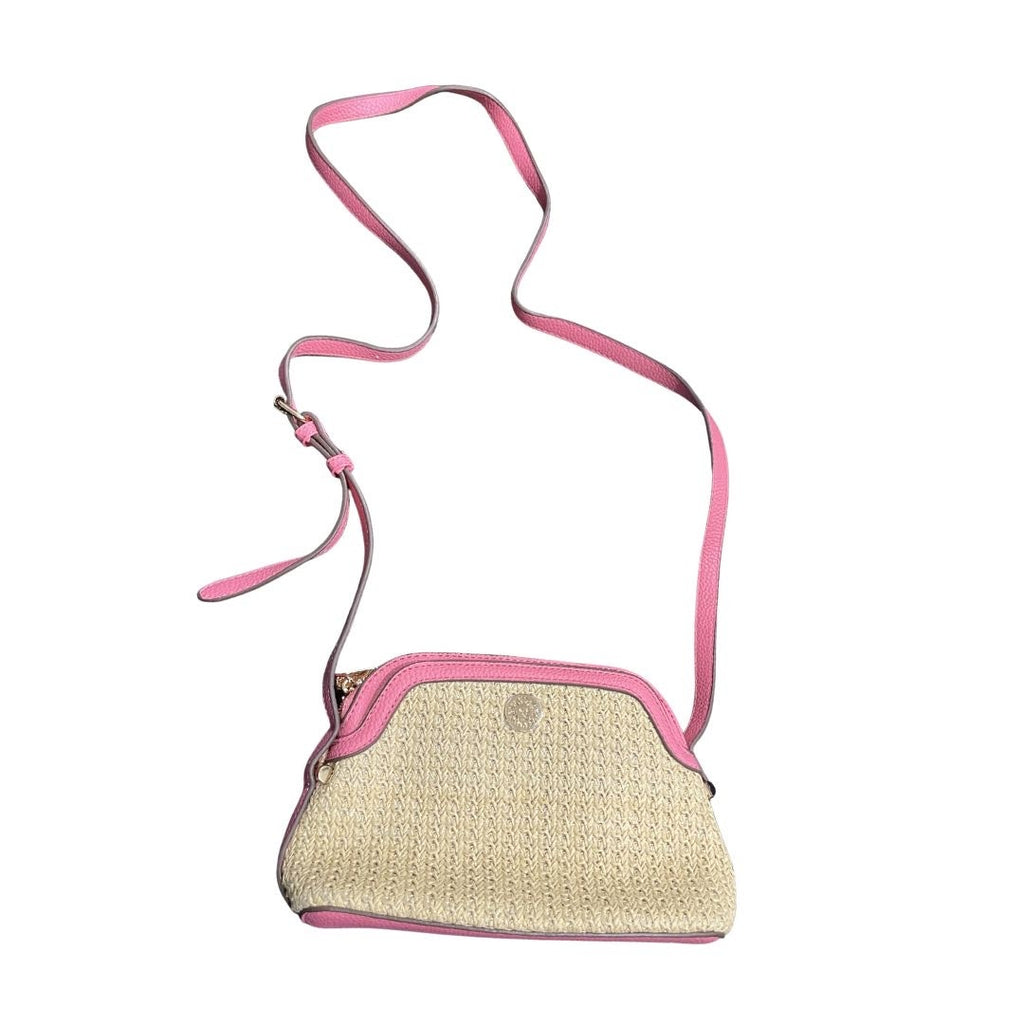 Anne Klein Pink and Tan Dome Straw Crossbody Bag Purse Summer Resort Coastal