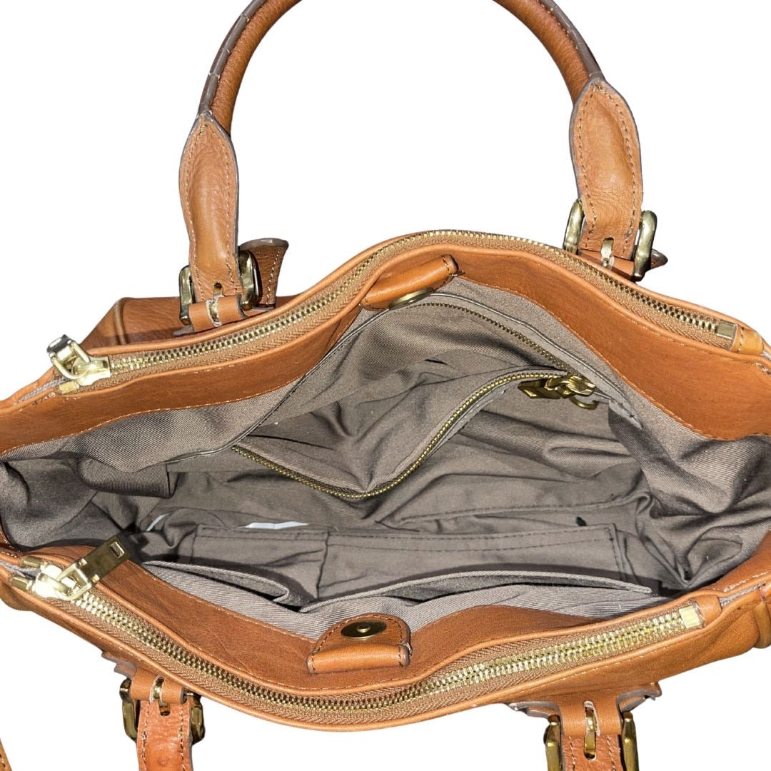 J. Crew Tan Genuine Leather Satchel Top Handle Crossbody Minimalist VTG inspired