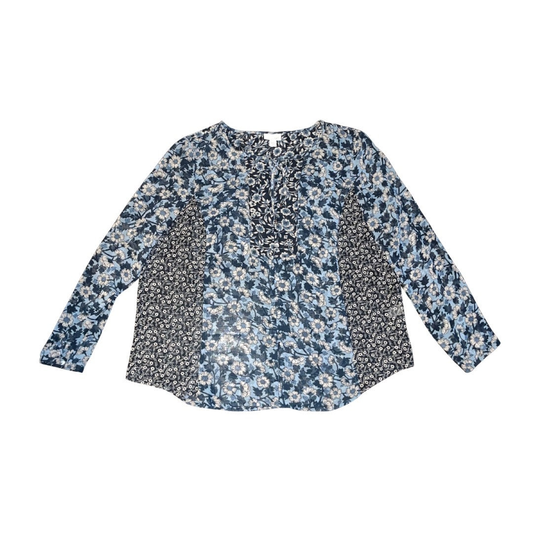 J Jill Blue Floral Blouse Long Sleeve Button Up Keyhole Tie Top Size Large