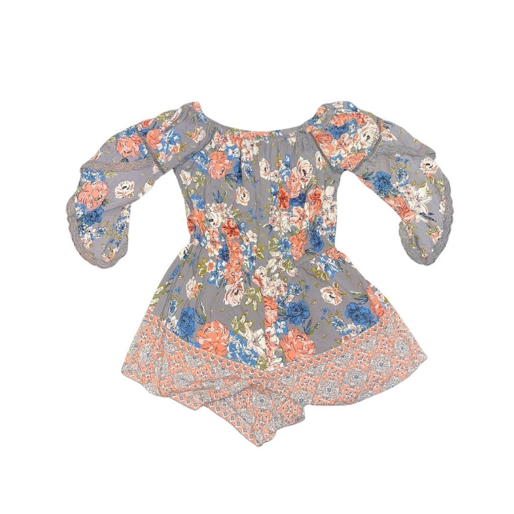 Angie Off Shoulder Floral Paisley Lace Trim Romper SZ L Boho Festival Flirty