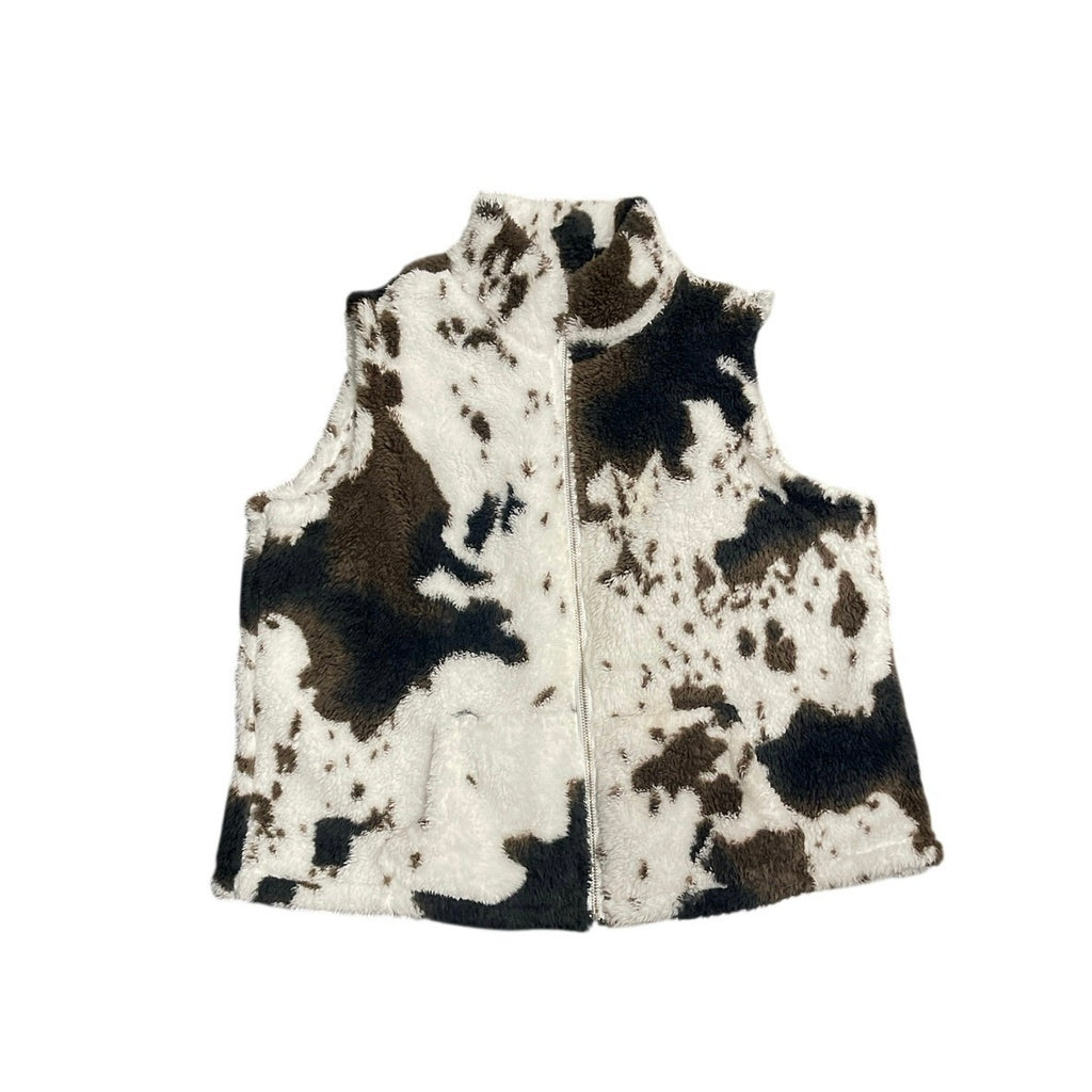 Faux Fur Fleece Cow Print Full Zip Vest SZ XL Western Cowgirl Rancher