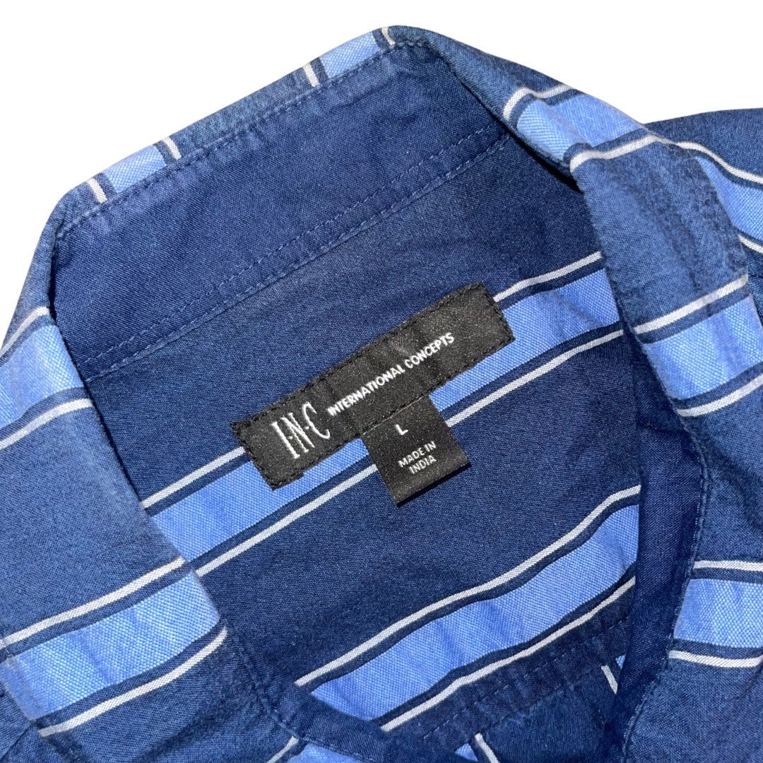 INC International Concepts Blue Striped Short Sleeve Shirt Large Nautical Coastal