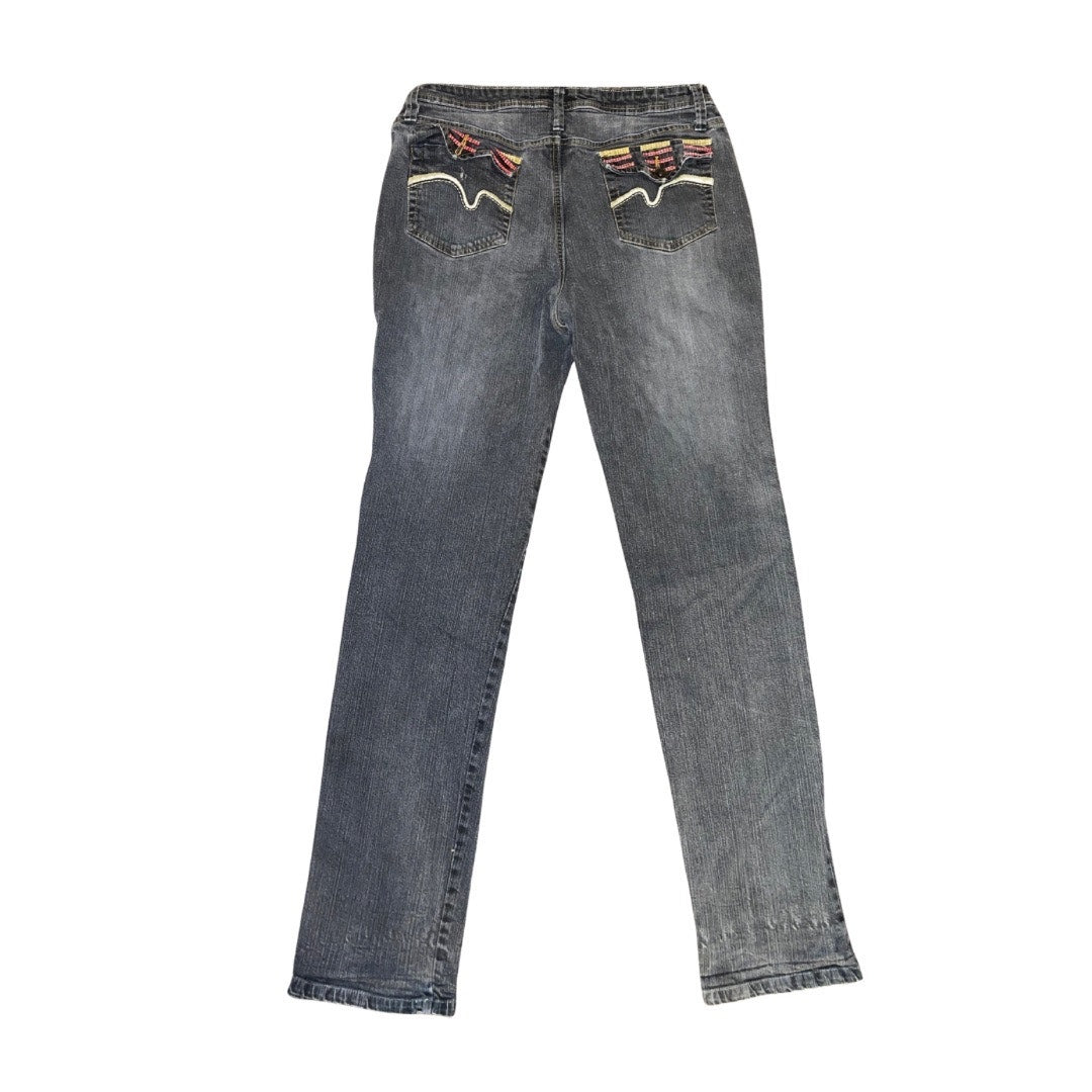 Faded Glory Stretch Straight Denim Jeans Black Wash Embroider Pockets Size 14