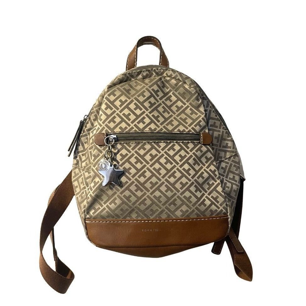 Tommy Hilfiger Monogram Canvas Mini Backpack Silver Charm Y2K Travel Daypack