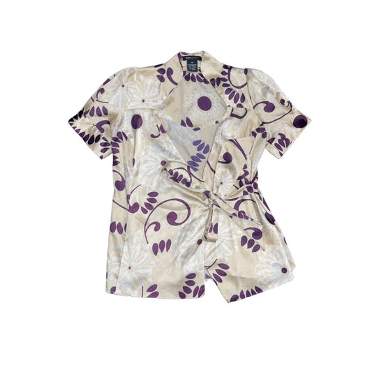 BCBGMAXAZRIA Women's Ivory print Satin Like Wrap Blouse Top Y2K Size XS