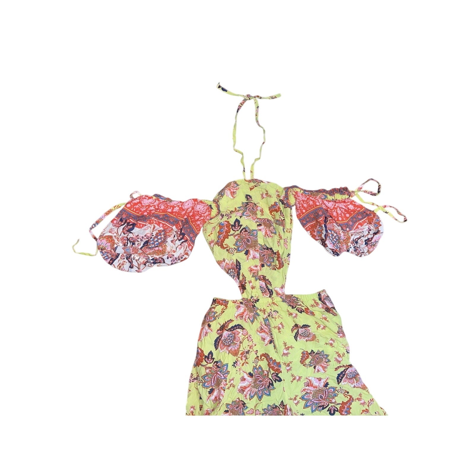 Free People Bali Citrus Skies One Piece Jumpsuit Floral XS Wide Leg Pockets Smoked