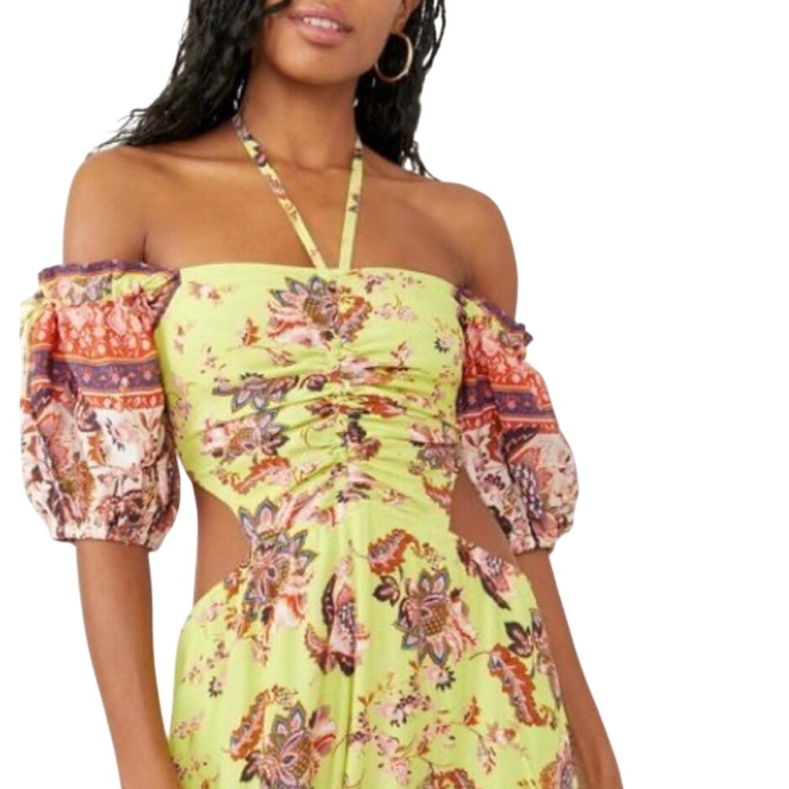 Free People Bali Citrus Skies One Piece Jumpsuit Floral XS Wide Leg Pockets Smoked