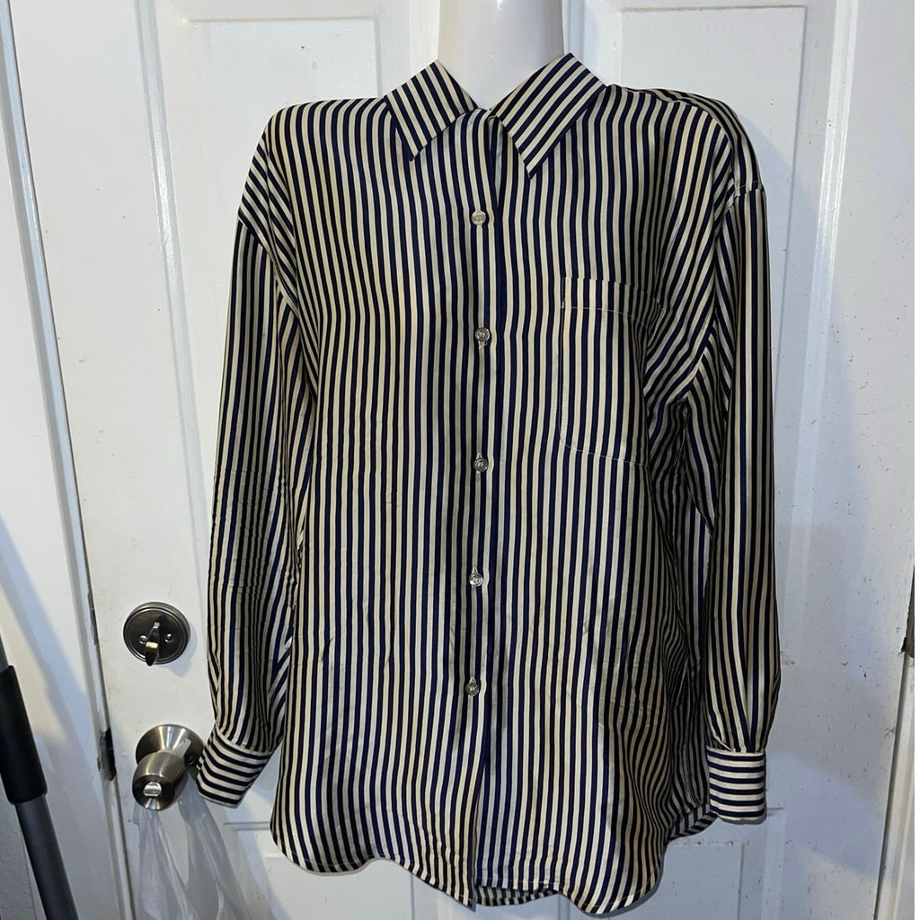 Tracy M Button Up Long Sleeve Striped Blouse 100% Silk Size M