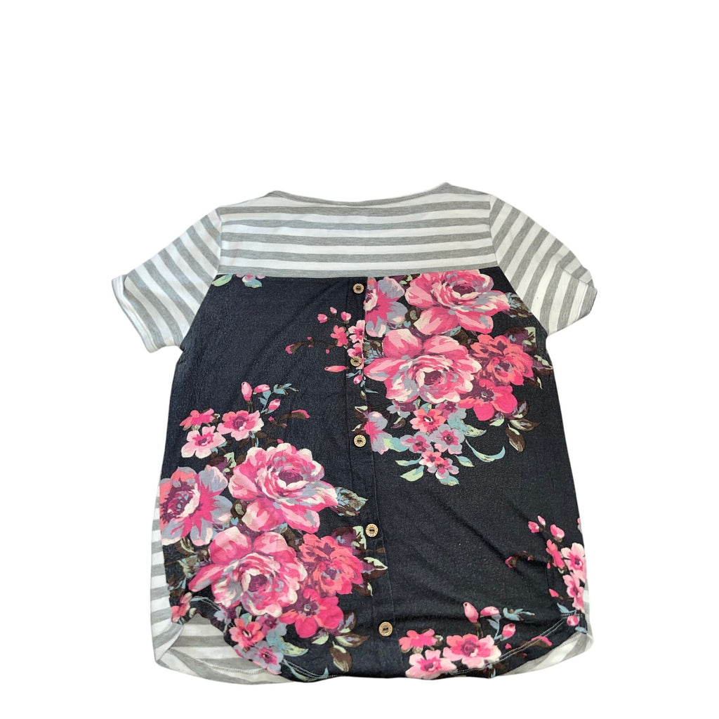 Vintage Pink clover striped blouse w/ a floral design in the back.