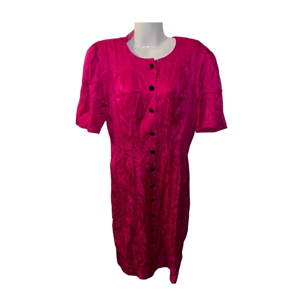 Adrianna Papell Vintage 100% Silk Hot Pink Front Button Up Midi Dress Size Small