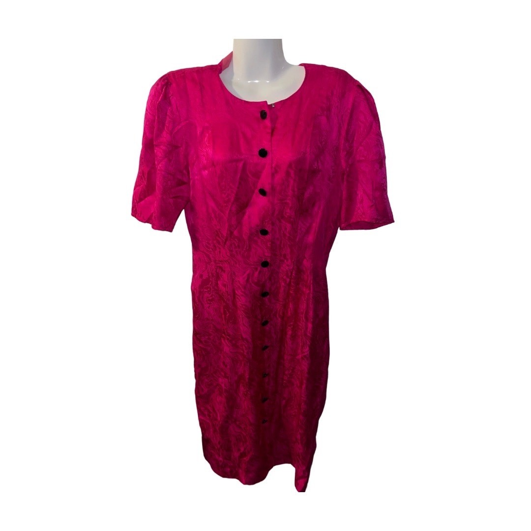 Adrianna Papell Vintage 100% Silk Hot Pink Front Button Up Midi Dress Size Small