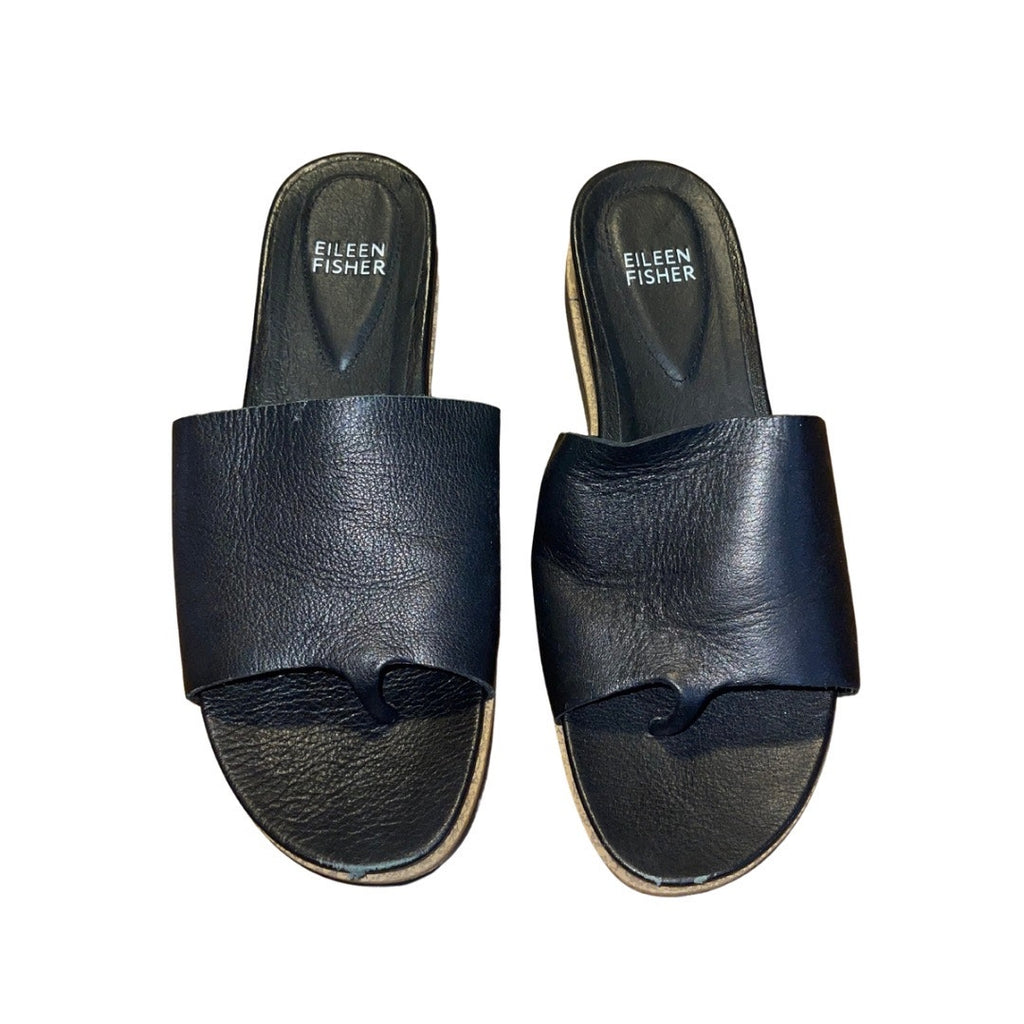 Eileen Fisher Soft Tumbled Leather Wedge Slide SZ 6 Toe Band Rubber Sole Comfort