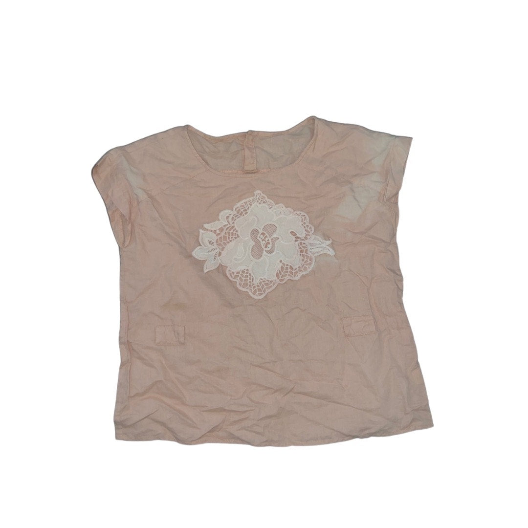 Pedal Pink Short Sleeve White Floral Lace Design Size Small Cotton Blend