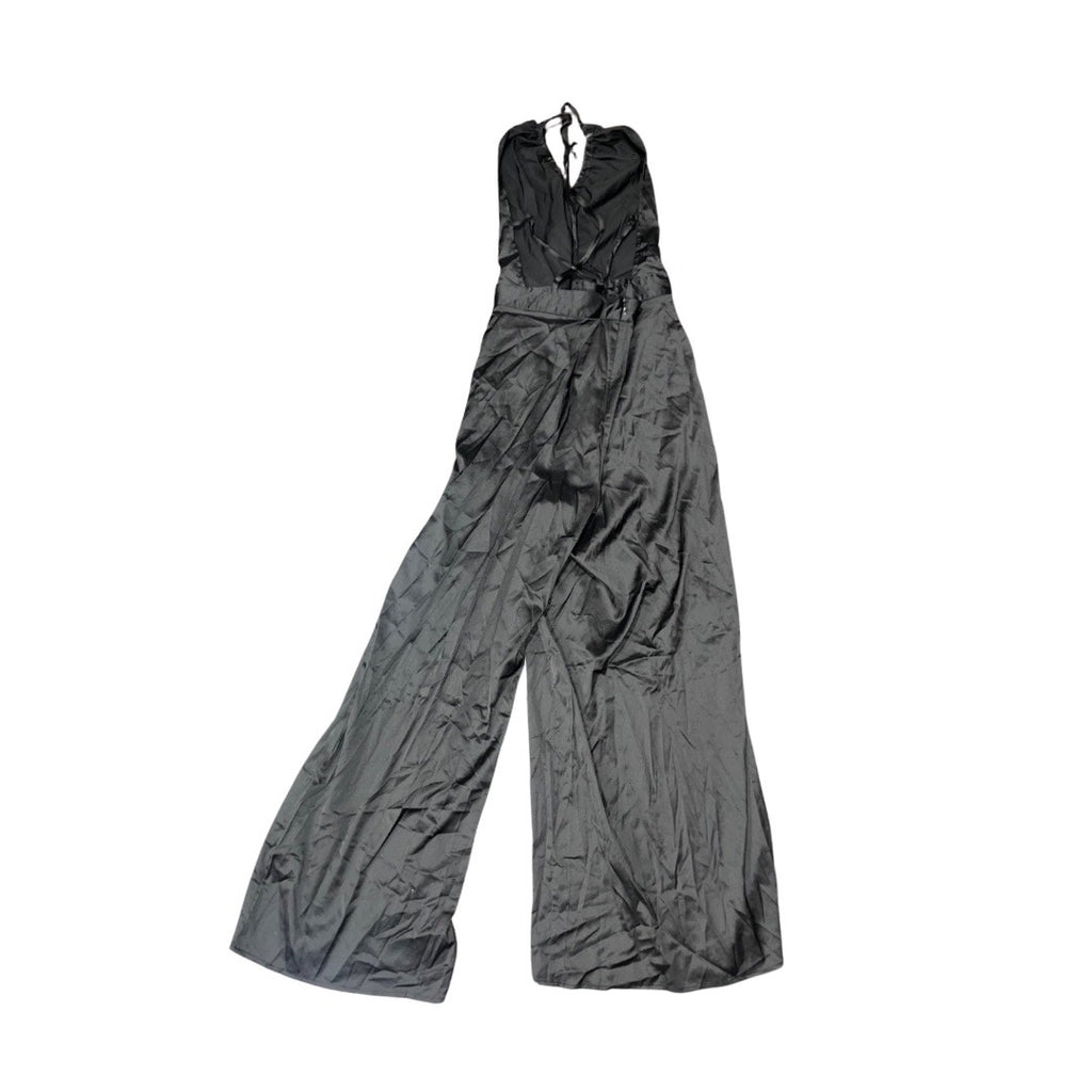 CIDER SATIN STYLE JUMPSUIT STRAPPY X CROSS STRAPS SLIT OPENING WIDE LEG NWT