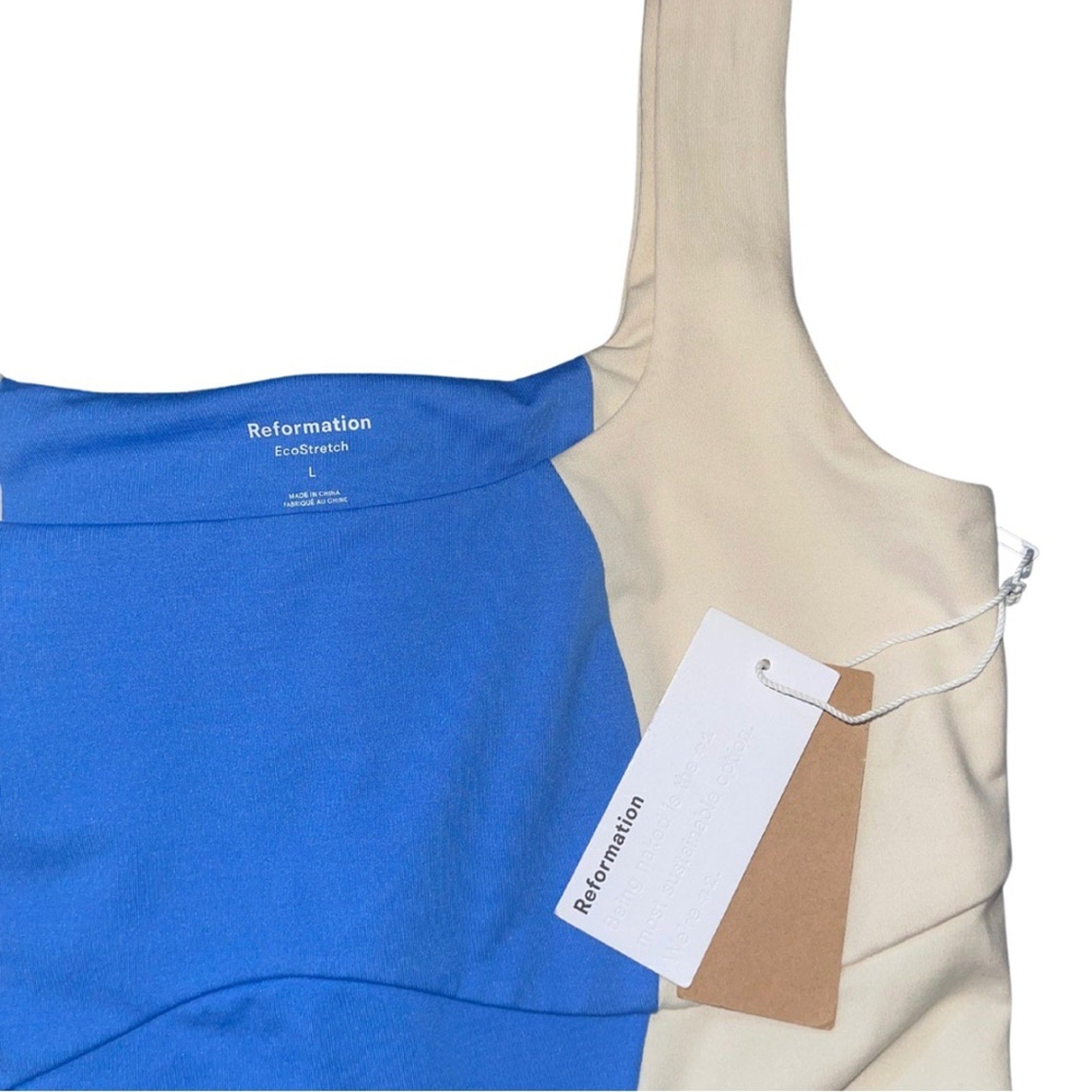 REFORMATION Adelyn Eco Stretch Short Jumpsuit in Blue/Almond color NWT