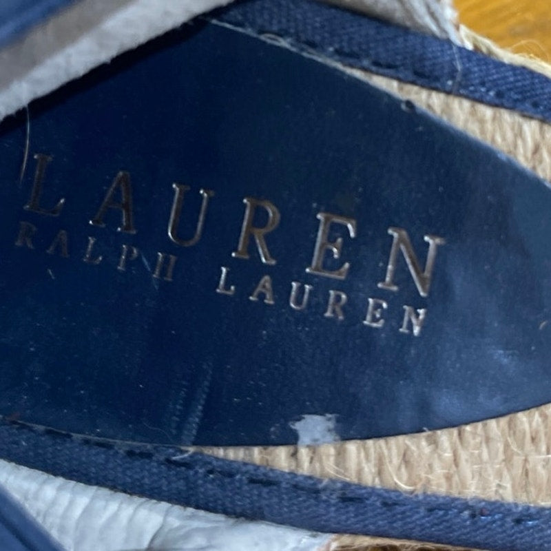 Lauren Ralph Lauren Charla Navy White Striped Espadrille Wedge Sandals SZ 10