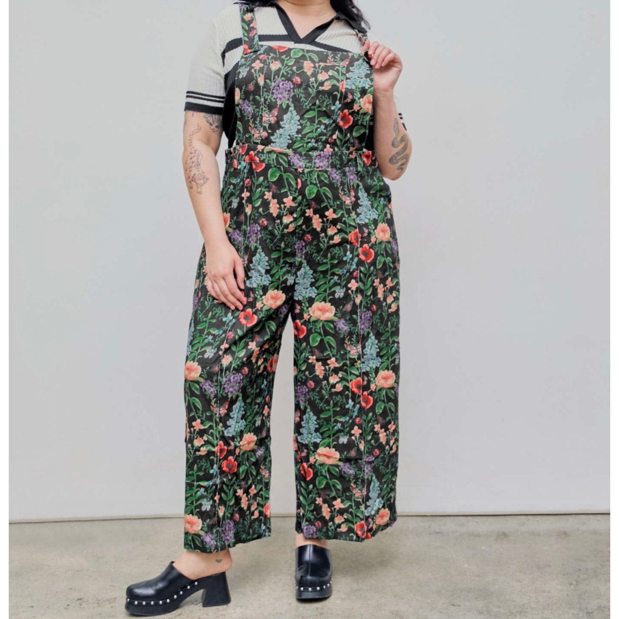 Cider Lightweight corduroy floral pocket wide leg jumpsuit overalls curve & plus