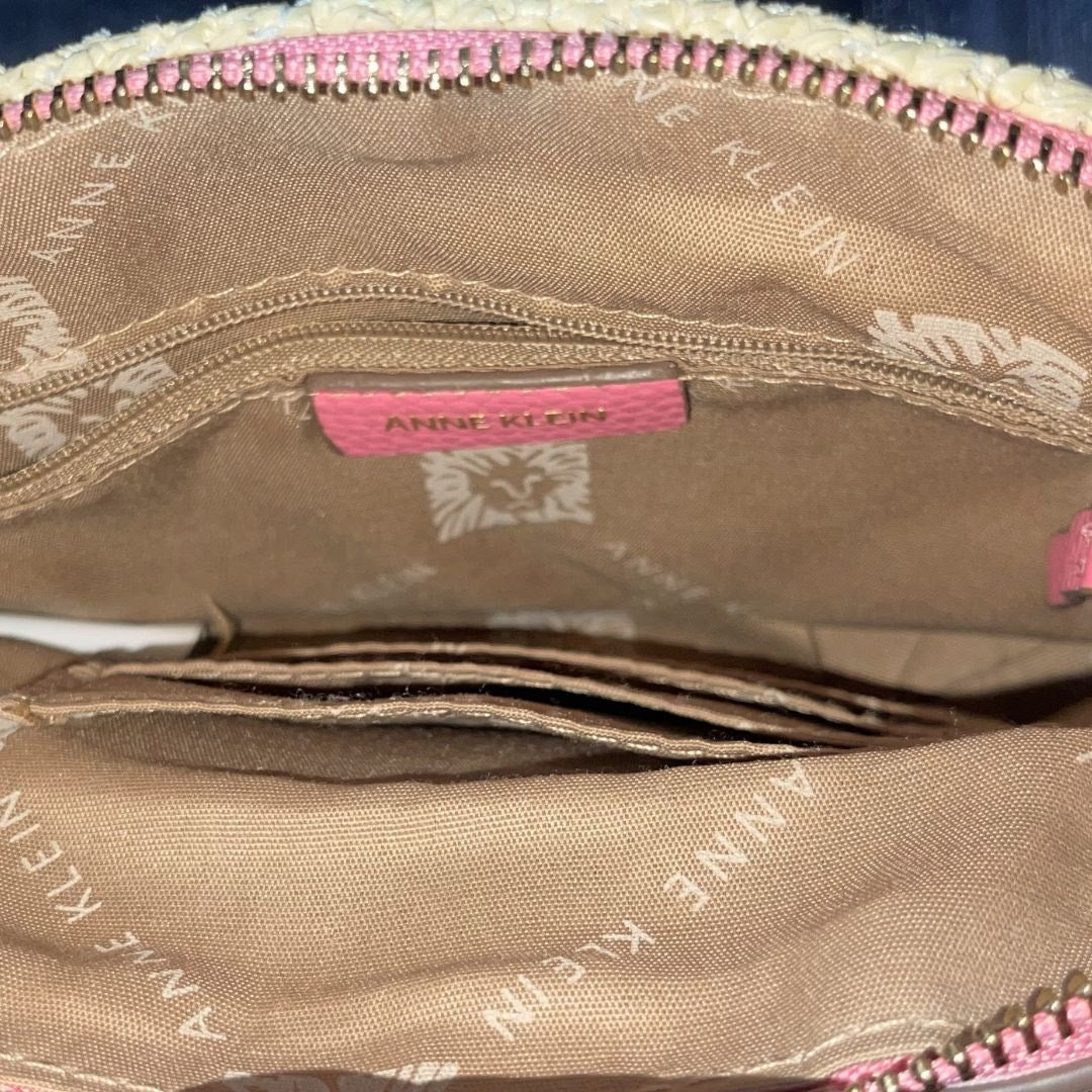 Anne Klein Pink and Tan Dome Straw Crossbody Bag Purse Summer Resort Coastal
