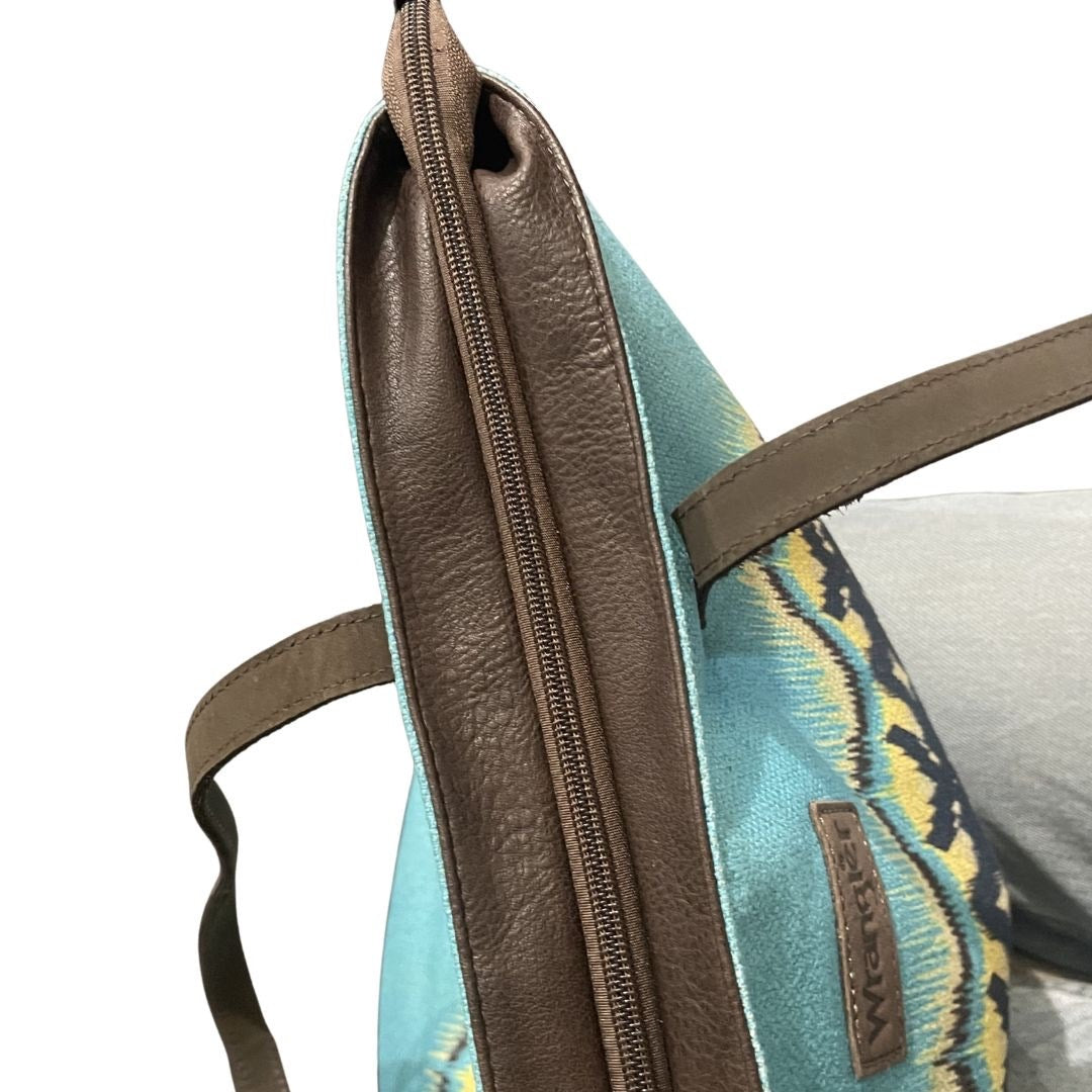Wrangler Canvas Aztec Tote Bag Southwestern Brown Leather Handles Western Cowboy
