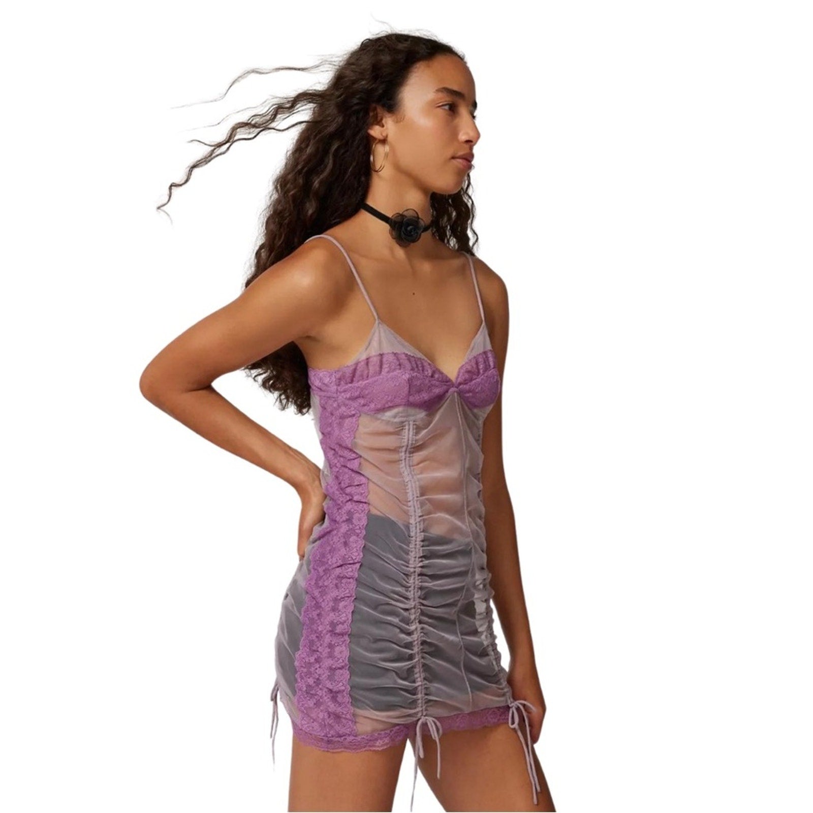 Urban Outfitter Marina Sheer ruched Midi dress Tunic Size Medium Lavender