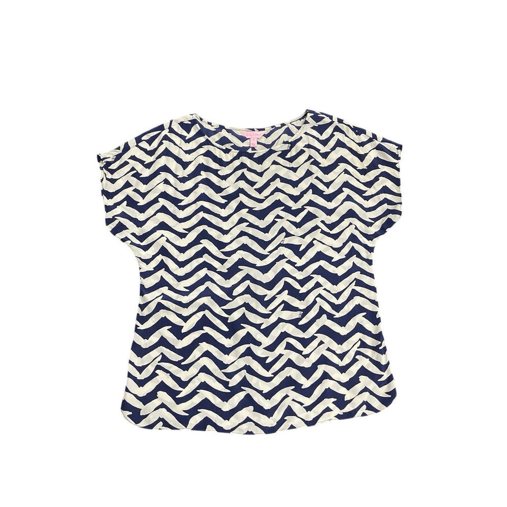 Lilly Pulitzer Silk Navy Blue Chevron Bird Print Blouse SZ M Boxy Fit Nautical