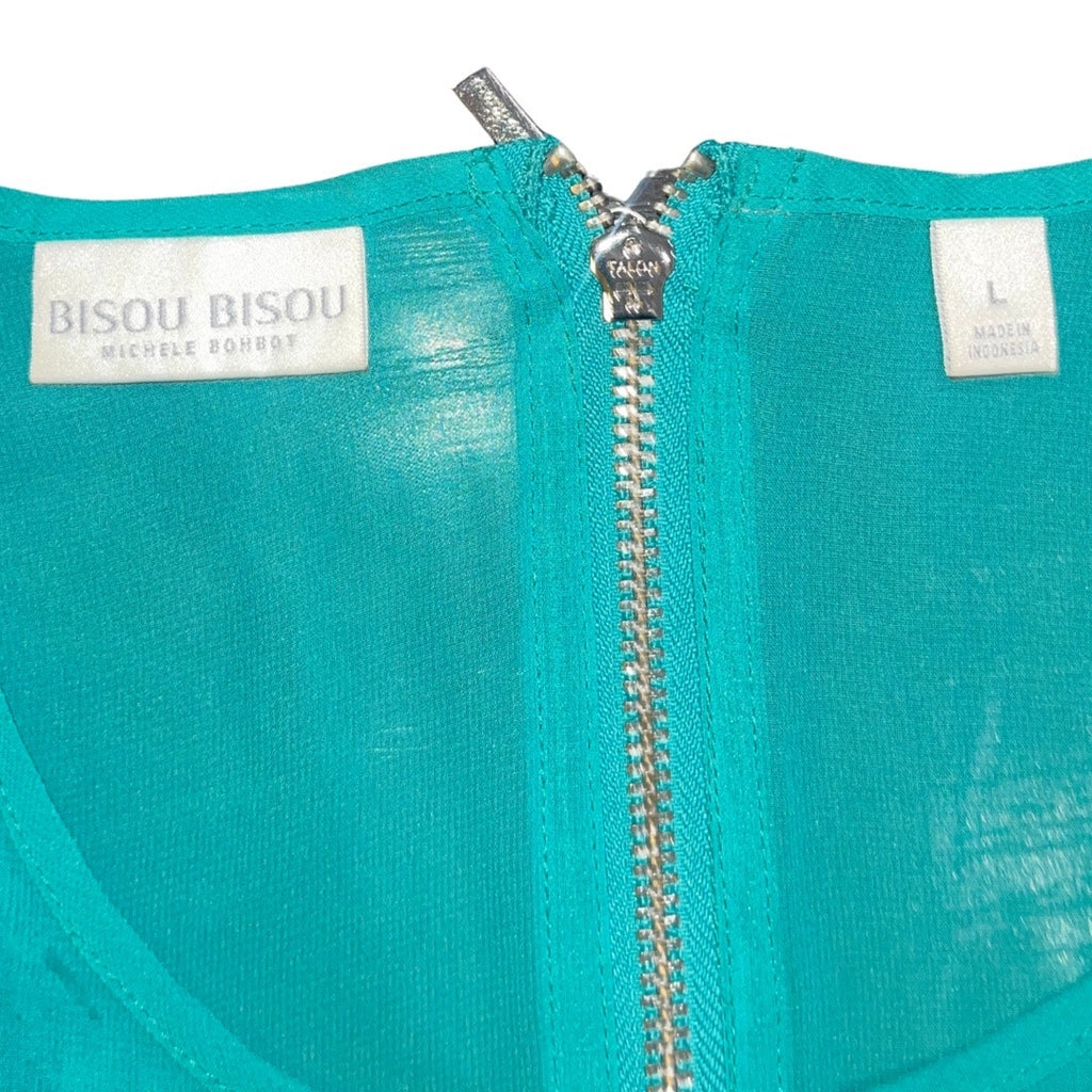 Bisou Bisou Sheer Caftan Flowy Top Teal Blouse Size Large Dolman Sleeve