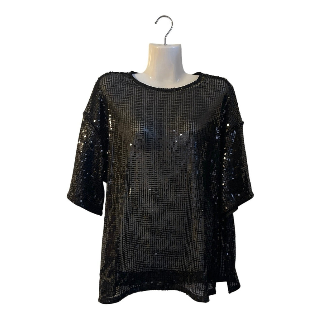 H&M Black Oversized Sequined Semi Sheer Top SZ S Side Slits Relaxed Boxy Fit