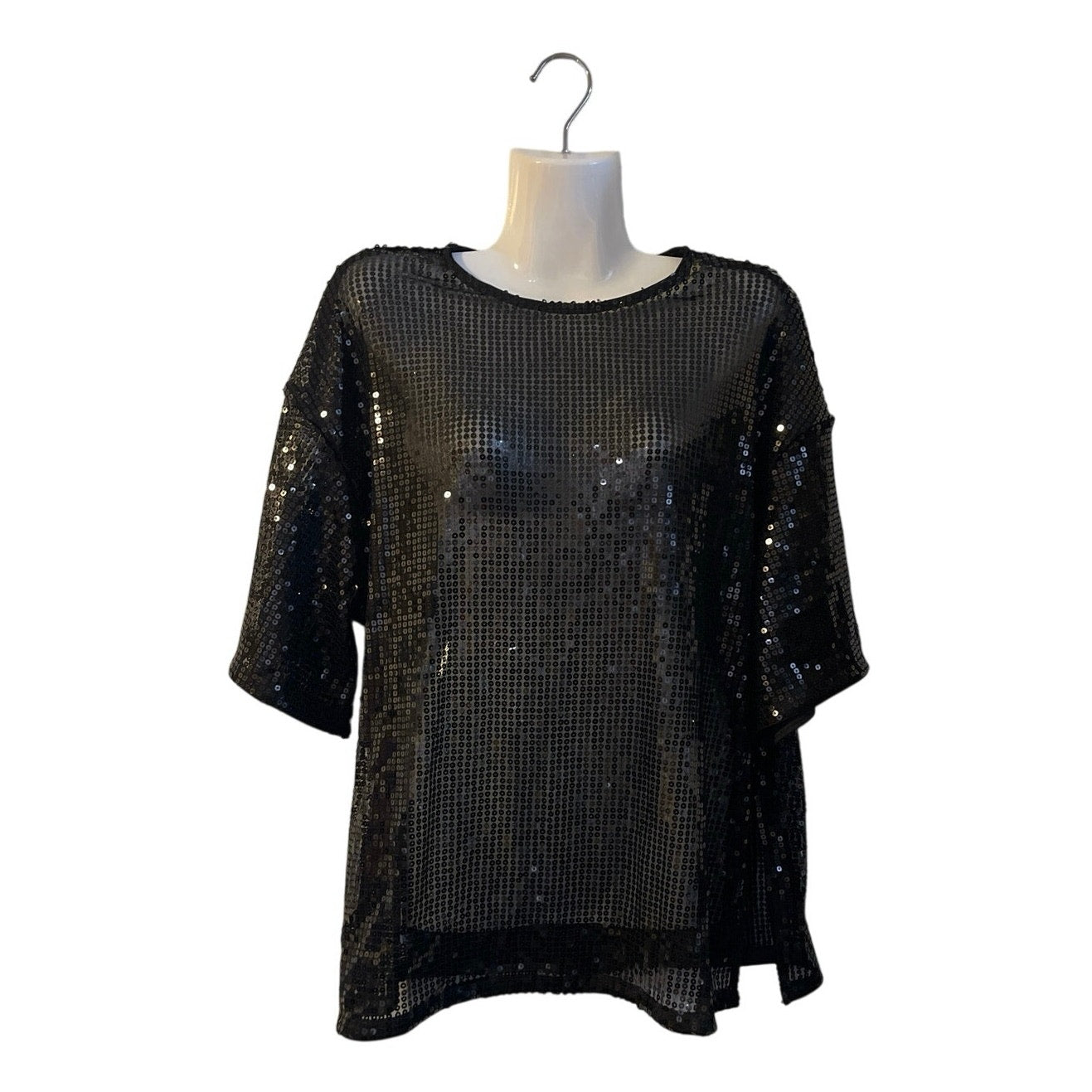 H&M Black Oversized Sequined Semi Sheer Top SZ S Side Slits Relaxed Boxy Fit