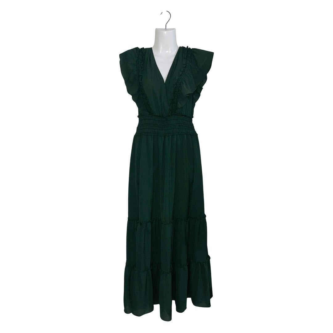 Max Studio London Green Crepe Flutter Sleeve Smoked Tiered Maxi Dress Size small