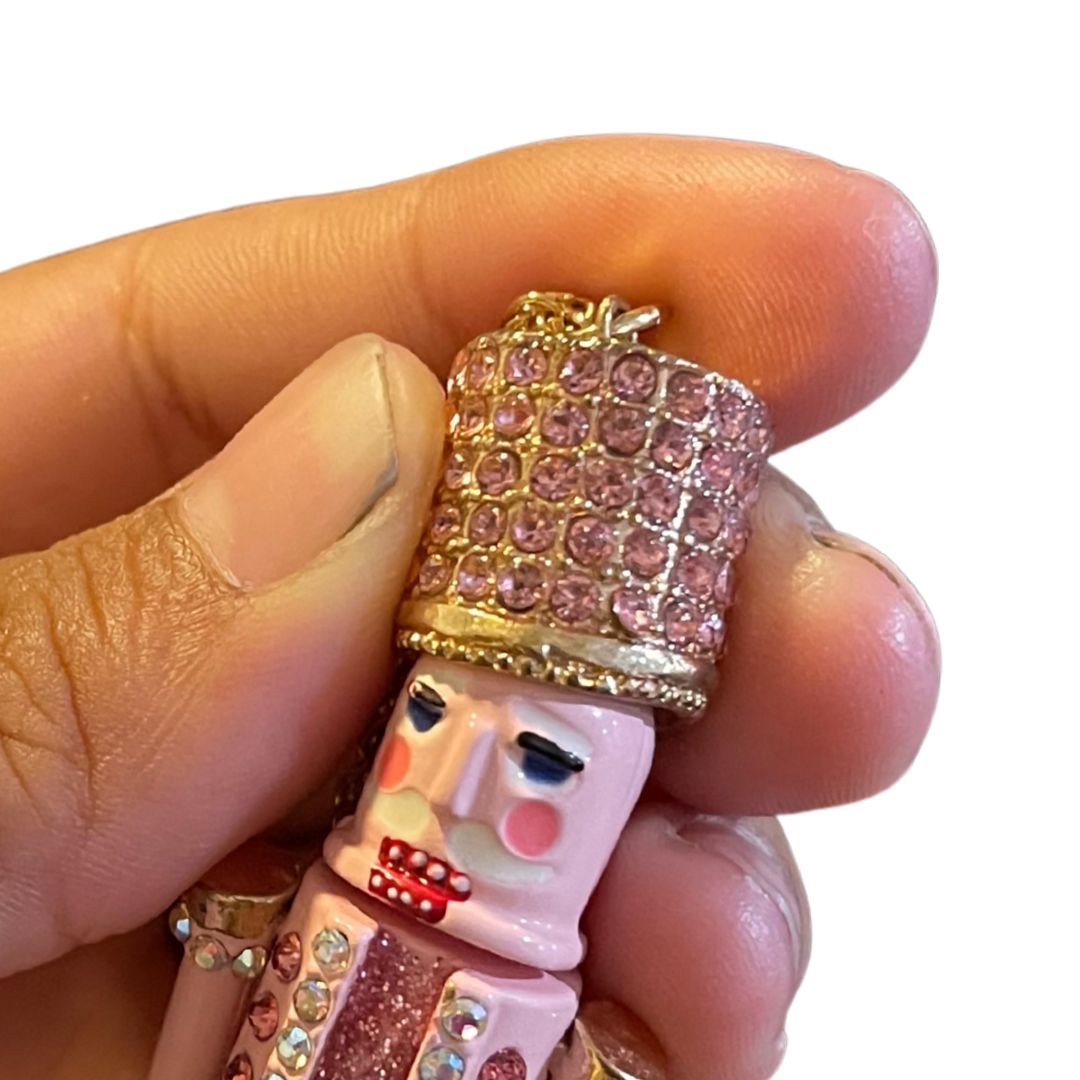 Betsey Johnson Nutcracker Pendant Necklace Pink Rhinestone Christmas whimsical