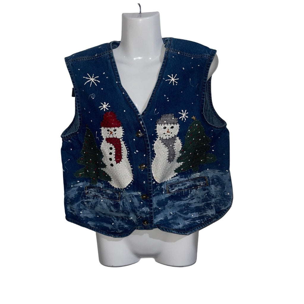 Y Not Sportswear Denim Vest Christmas Winter Button Up 100% Cotton Size Medium
