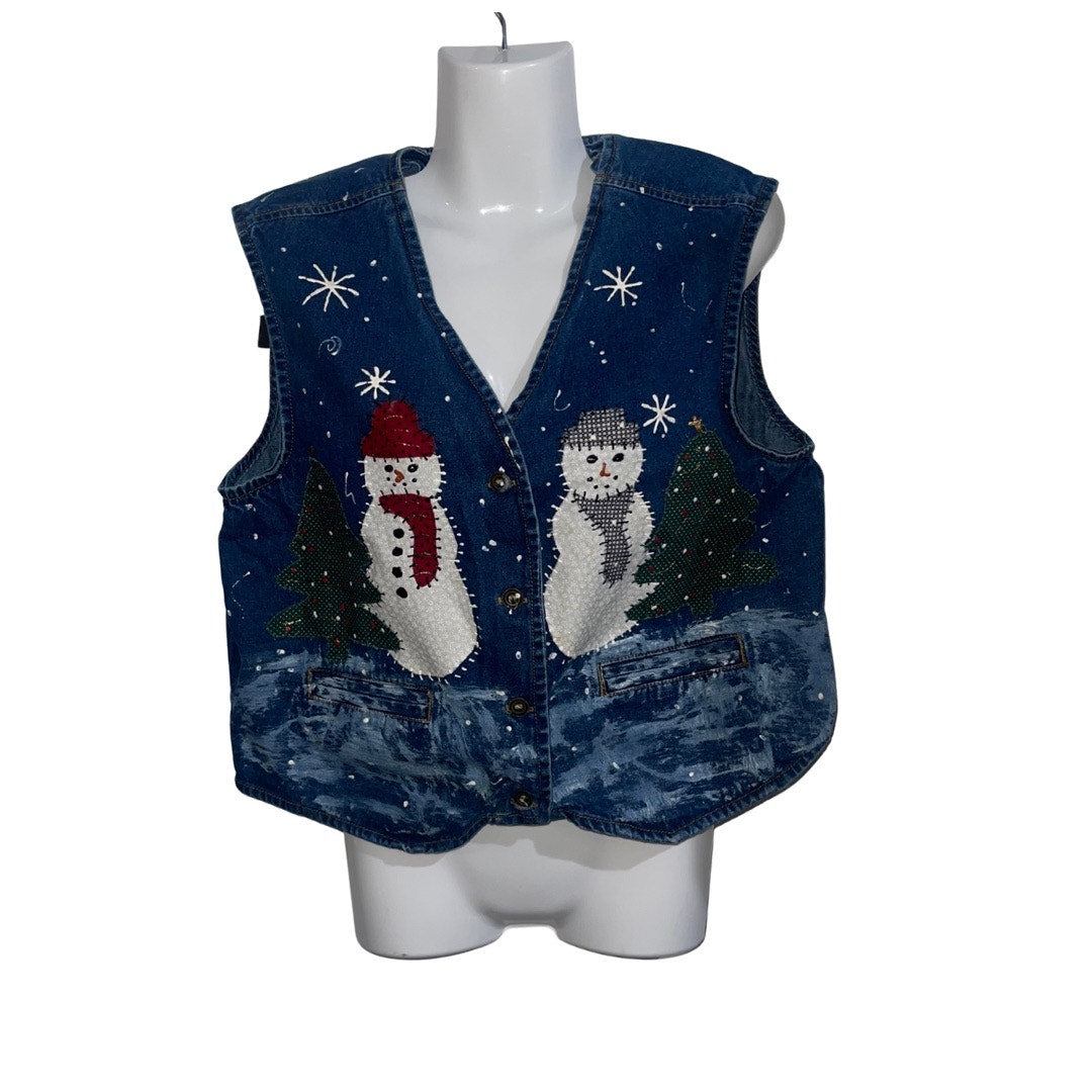 Y Not Sportswear Denim Vest Christmas Winter Button Up 100% Cotton Size Medium