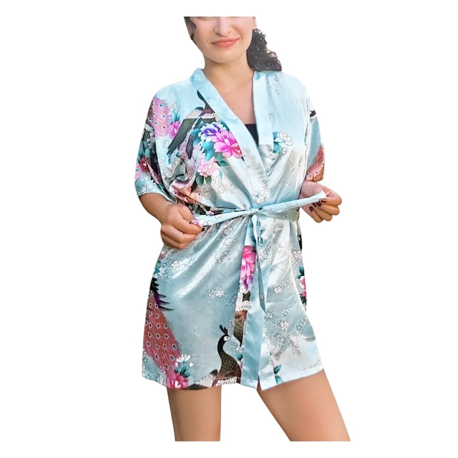 Floral Short Peacock Kimono Robe Blue Teal Satin Fabric Bridesmaid Bride