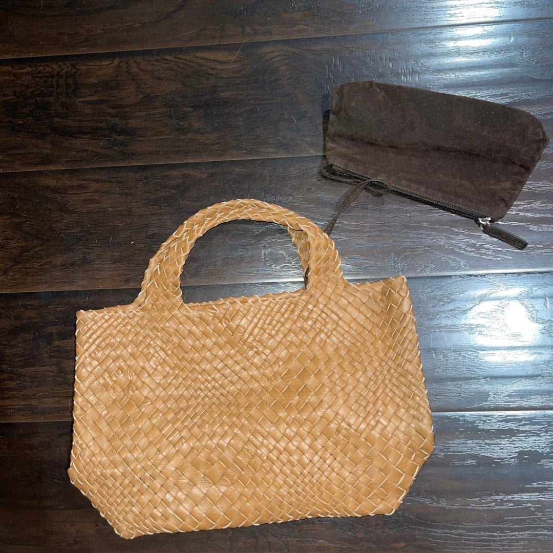 Vintage Falorni Mocha Brown Woven Leather Tote Made in Italy Handbag Top Handle