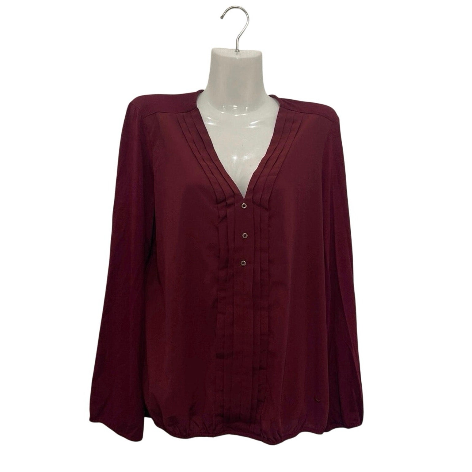 Tommy Hilfiger Burgundy V-Neck Pintuck Pleats Blouse Size Medium Career Office