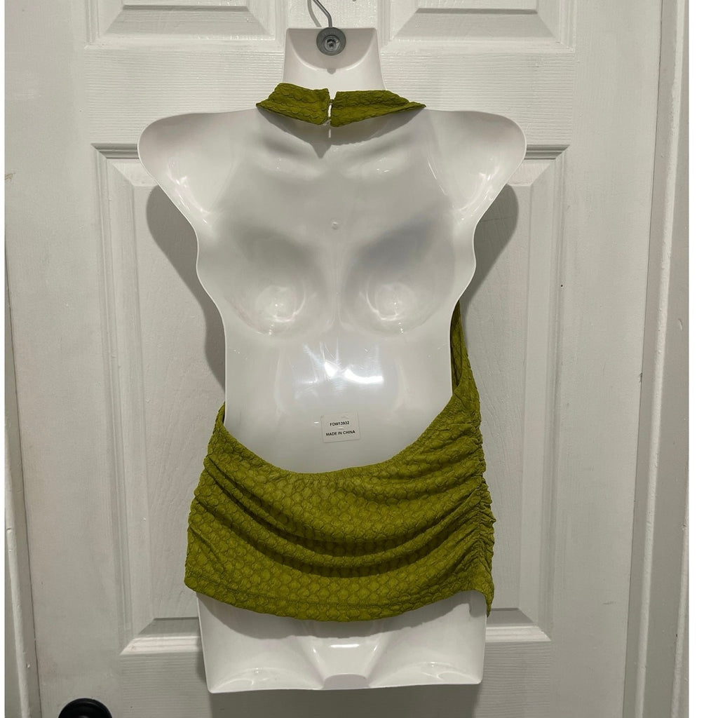 Cider Chartreuse Texture Halter Ruching Top Size M Flirty Beach Festival Y2K