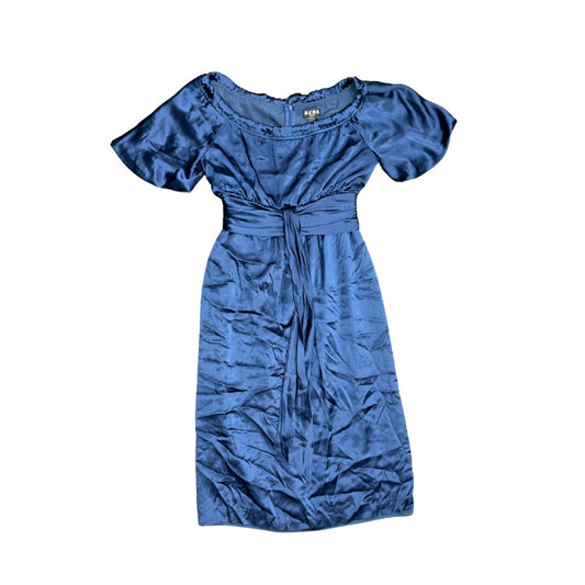 BCBG Paris Navy Blue Satin like Dress tie cinched waist knee length formal Size 2