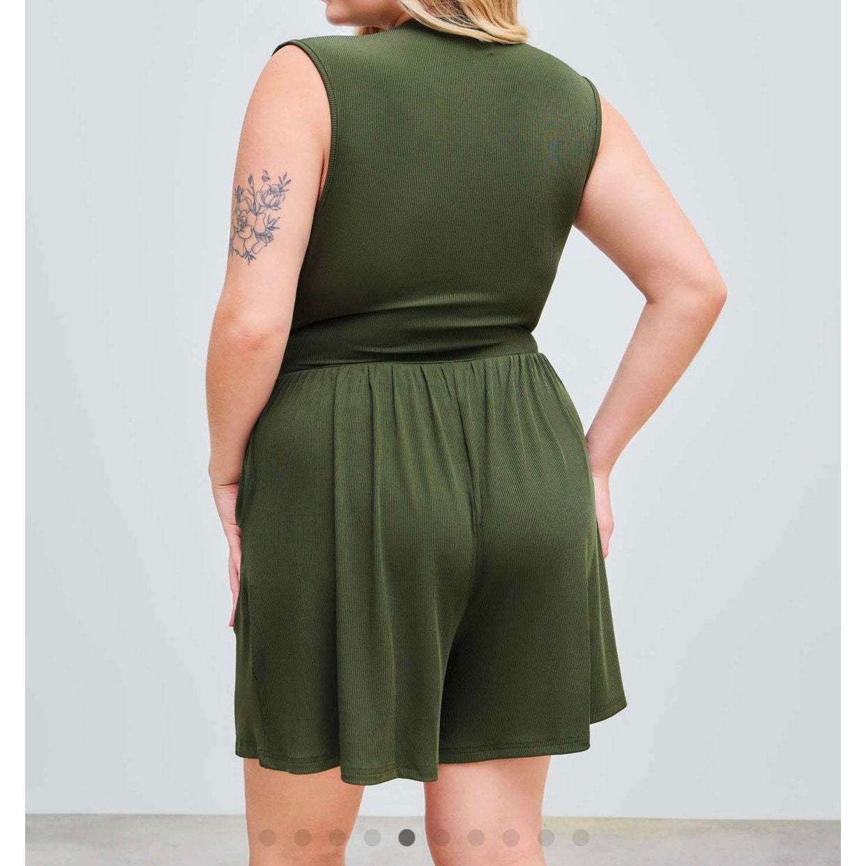 CIDER GREEN JERSEY V-NECK SOLID RUCHED ROMPER CURVE PLUS SIZE 1XL