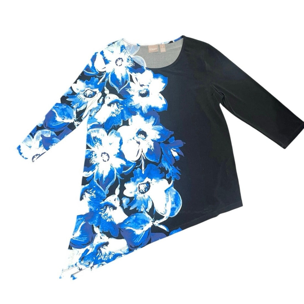 Chico's Asymmetrical Flower Design Blouse SIze 1 Medium Career Office Casual