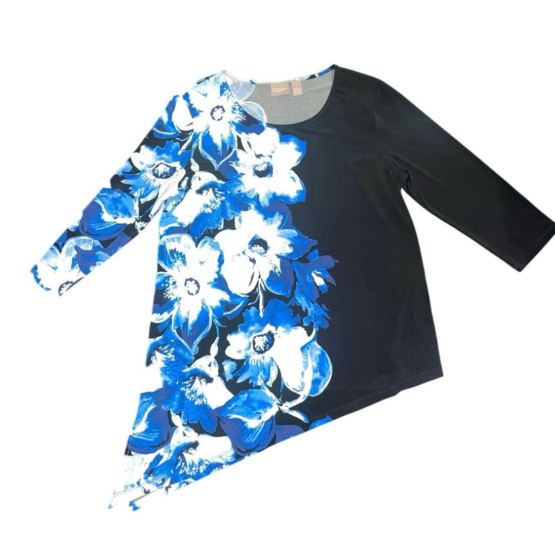 Chico's Asymmetrical Flower Design Blouse SIze 1 Medium Career Office Casual